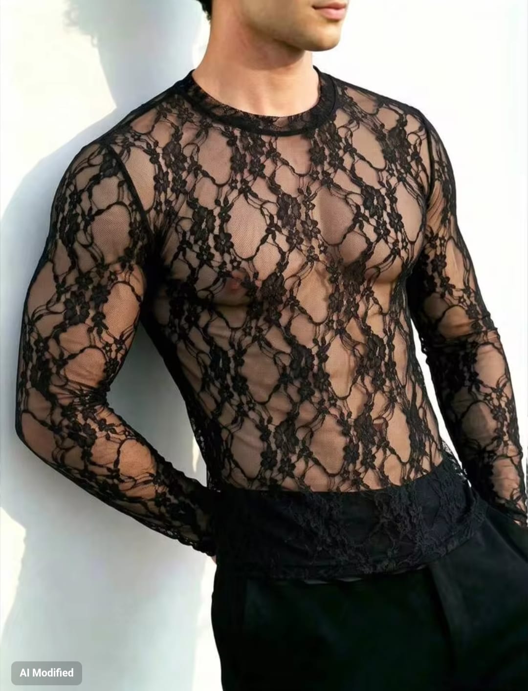 Men's High-Stretch Sheer Floral Lace Crewneck Long Sleeve Fitted T-Shirt